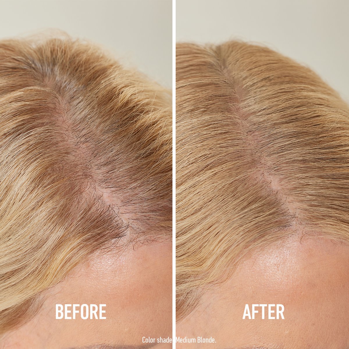 Before and after showing Hairline Powder blended into blonde roots